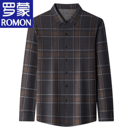 罗蒙（ROMON）加厚款羊绒衬衫长袖男中年爸爸装秋冬季加绒保暖衬衣格子 BY872款麻灰【加绒加厚】 175/XL