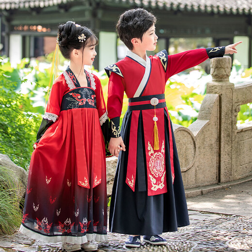 微爱的小松鼠汉服男童 2025新款儿童古风唐装男孩国学演出服夏季6198 知遇-红色 110 cm