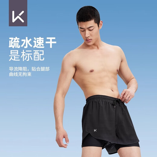 Keep swimming trunks men's anti-embarrassing hot spring swimsuit double-layer five-point plus size beach trunks swimming equipment black XXXL