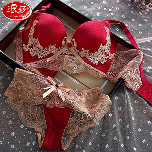 Langsha gives his wife underwear women's suit, red rimless lace sexy bra, small breasts look bigger, gives girlfriend bra, red suit 80A B=36AB (medium thick cup 2.5 cm)