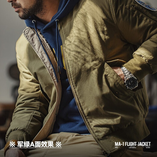 马登工装 美式复古双面穿MA1飞行员夹克棉服夹棉棒球服上衣外套男春季 A面军绿/B面卡其 XL