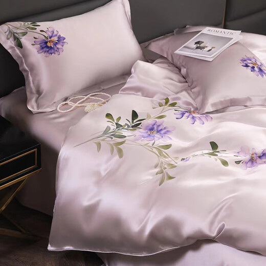 Shibeini National Trends Bedding Single Hand Painted Silk Four-Piece Set Double-sided 100% Mulberry Silk Quilt Cover Bedding Kit Yuncai Fengshu 3878 1.8-meter Bed Sheet Style (Quiet Cover 200x230cm)