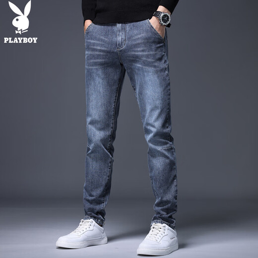 Playboy (PLAYBOY) jeans men's trendy autumn and winter casual pants men's loose business straight versatile trousers blue gray 33