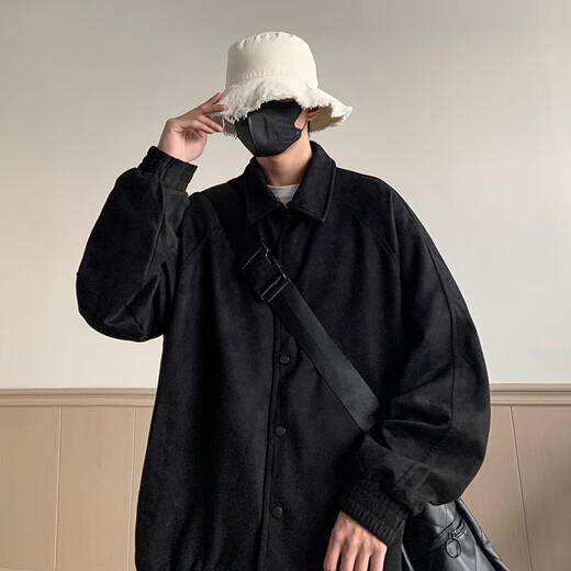 Dingfengbaoluo jacket men's autumn and winter casual loose trendy suede top American baseball uniform YM9921 black XL
