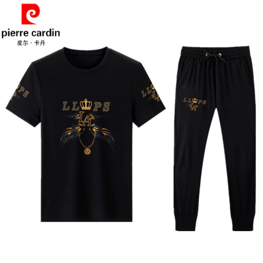 皮尔卡丹（pierre cardin）运动休闲套装男夏季薄款桑蚕冰丝印花短袖韩版痞帅潮流个性痞帅风 9227黑色 170/L
