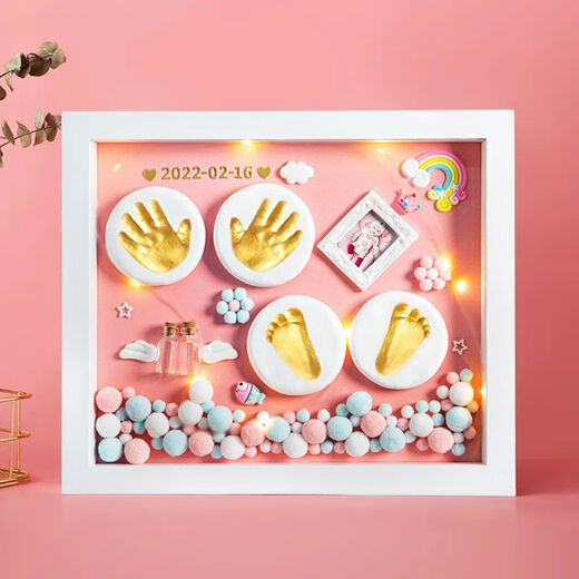 Full Moon Commemorative Hands and Foot Prints Mud Photo Frame Fetal Umbilical Cord Newborn Baby One Hundred Days Hands and Foot Prints Baby Years Old Gift Solid Wood 12-inch [Bright Life] Pink Gold Paint