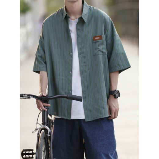 Olamus striped shirt men's short-sleeved summer design niche high-end jacket trendy brand handsome Hong Kong style casual shirt off-white (short-sleeved) M