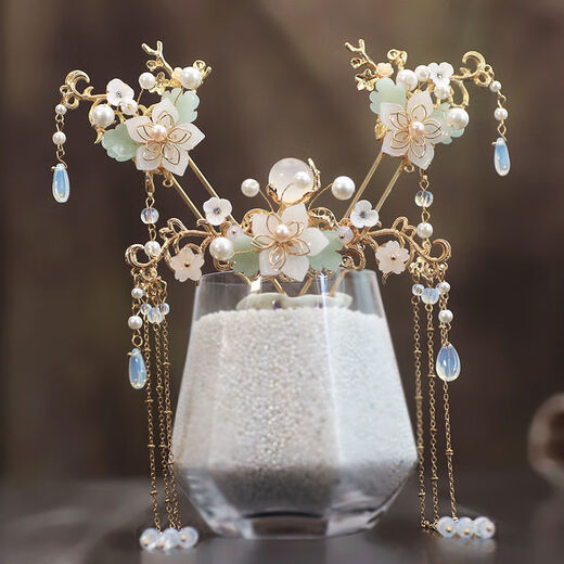 Bai Qixin's Hanfu headdress, tassels, rocking hairpins and earrings, a complete set of ancient style pair clips, super fairy hair accessories, clips, ancient costume decorative accessories, gold flower hair accessories set - ear clips and ear hooks