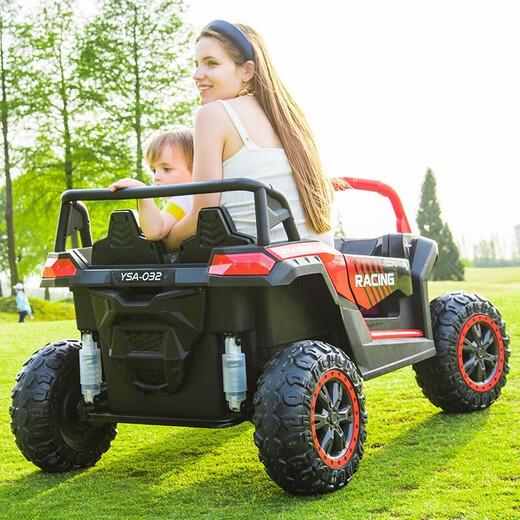 Extra-large children's electric car with four wheels that can seat adults, parents and children, double off-road vehicle for men and women, four-wheel drive remote control car, baby toy car, swing stroller, flagship version yellow, leather seat + soft tires + 14AH large battery + removable roof