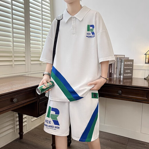 柏乐迪（BAILEDI）青少年中学生短袖t恤12-15岁男孩半袖POLO衫16大童夏装洋气套装潮 NZ-6629白色（短袖+短裤）高品质 185 4XL（建议165-185斤左右）