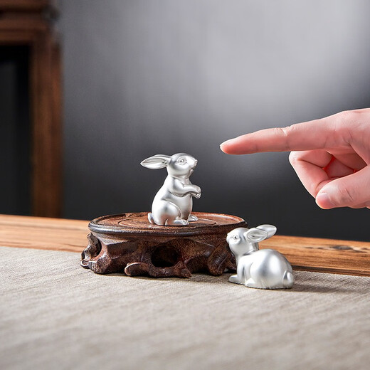 Guiyintang Pure Silver 999 Tea Pet Handmade Boutique Lucky Rabbit Tea Play Handle Pieces Can Raise Creative Ornaments Silverware Tea Set Accessories Moon-Watching Rabbit + Certificate + Gift Box