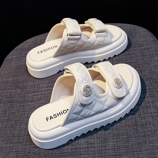 Guqian Sandals for Women 2025 Summer Wear Spea de playa de suela gruesa de alta gama para mujeres Velcro Sandalias de un botón para mujeres 6628 metros blancos 37 (235 mm)