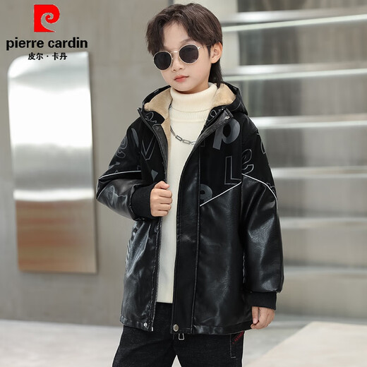 Pierre Cardin Children's Clothing Boys' Velvet Leather Jackets Autumn and Winter 2025 New Winter Jackets Handsome Winter Boys Thickened Black 120cm