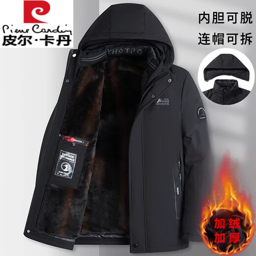 Pierre Cardin 2025 winter middle-aged and elderly men's gold mink velvet parka plus velvet thickened daddy cotton coat mid-length jacket for men 23-8 black 3XL 3XL recommended 145-160Jin Jin equals 0.5 kg