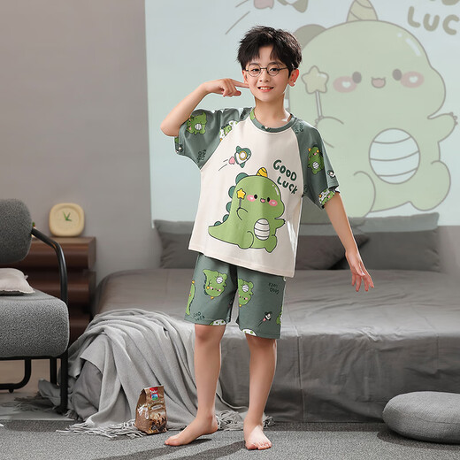 
Boys pajamas summer pure cotton loose short sleeve thin suit children boy medium-sized children dinosaurs wear home clothes XP897 green dinosaur 140 little boy 16 size height 135-140cm70Jin [Jin equals 0.5 kg]