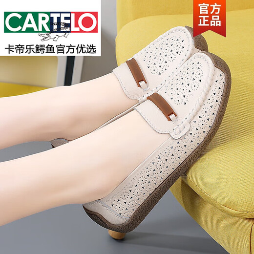 
CARTELO bean shoes women's shoes 2025 new summer leather flat shoes non-slip breathable soft sole spring and autumn mother shoes 828 beige hollow 37