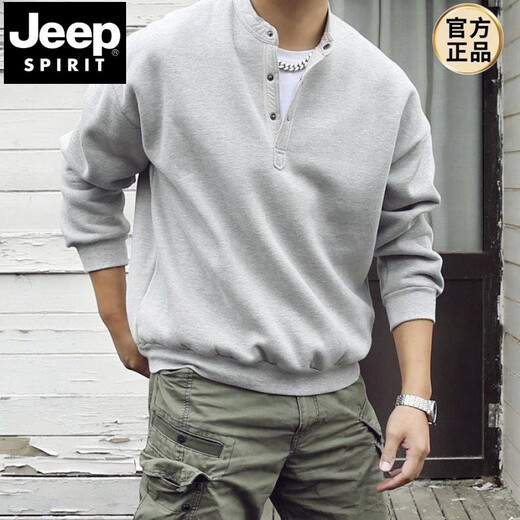 JEEP SPIRIT Japanese retro autumn and winter men's Henry collar long-sleeved solid color T-shirt bottoming shirt loose casual pullover stand-up collar sweatshirt Gray Main picture M