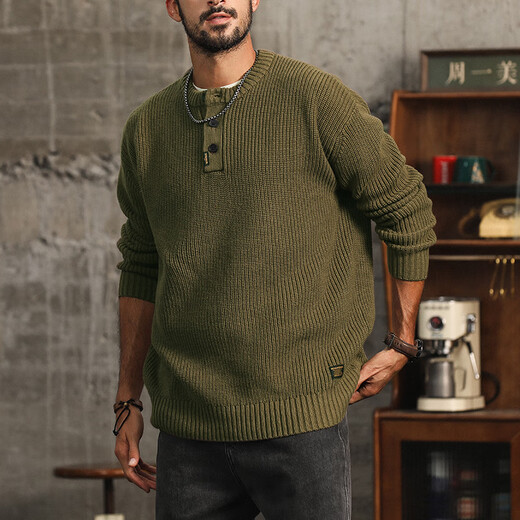 Hou Teng American Henry Collar Sweater Men's Autumn and Winter 2025 New Trendy Brand Casual Sweater Men's Wool Clothing Men's Wear Tuhao Green 2XL (160-180Jin Jin is equal to 0.5 kg)