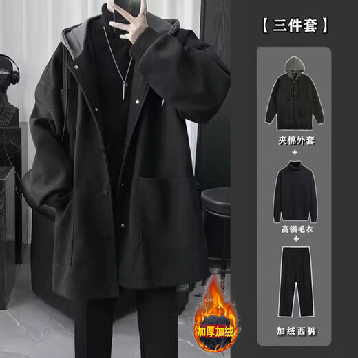 Gxmy windbreaker men's high-end autumn and winter clothes men's handsome matching light and mature mid-length jacket men's suit plus velvet black jacket + black sweater + small trousers XL recommended 125-140Jin Jin equals 0.5 kg