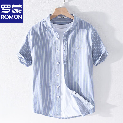 
Lomon men's striped shirt short sleeve loose summer thin Japanese casual versatile cotton shirt summer clothes 9740 blue 3XL 160Jin [Jin equals 0.5 kg]