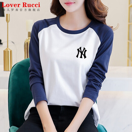 LOVER RUCCI French European women's long-sleeved versatile loose raglan sleeve T-shirt spring and autumn new pure cotton T-shirt women's casual gray blue sleeves (regular style) black picture, right chest L