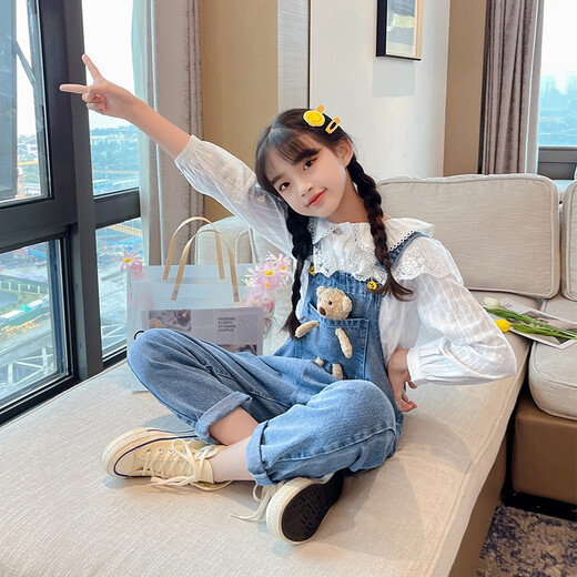 迈兜熊童装女童牛仔背带裤春装新款中大童宽松夏季儿童吊带小熊背带长裤 蓝色 长裤 150