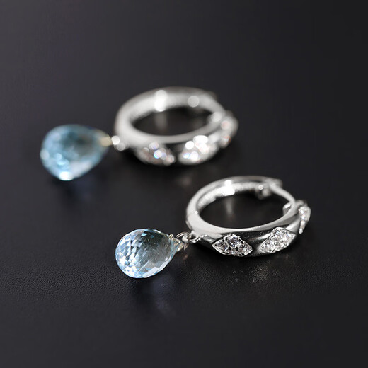 Fat Donglai quality topaz earrings s925 blue sea sky blue women's silver inlaid water drop color treasure earrings trendy blue round topaz yellow l gold earrings Swiss blue