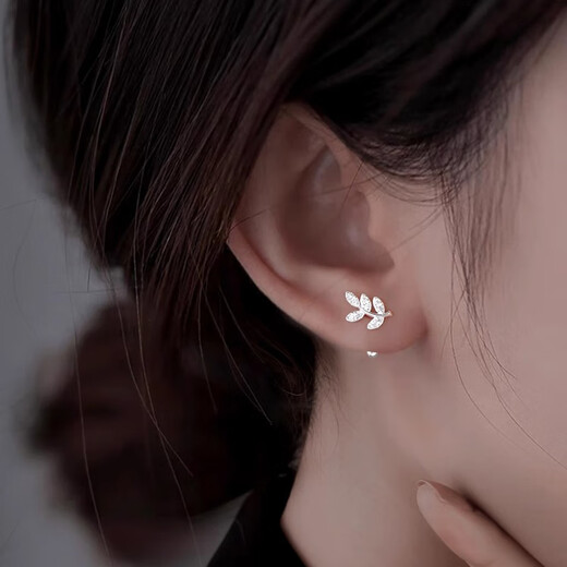 BJYL full diamond leaves S999 pure silver earrings for women with pierced ears for sleeping without removing earrings 2025 new sterling silver earrings gift leaf earrings pair