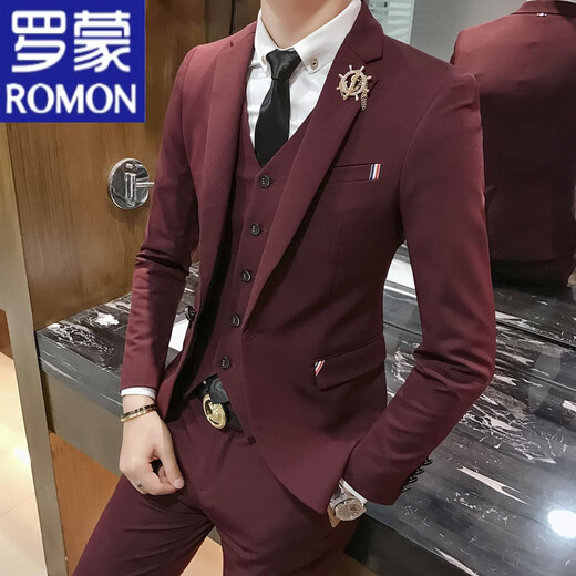 ROMON groom and best man wedding suit Korean style small suit slim and trendy three-piece men's business casual formal suit black suit + vest + trousers shirt tie L