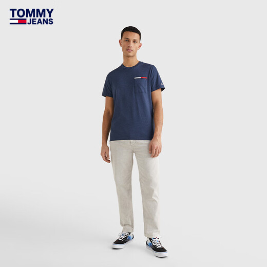 TOMMY JEANS夏季男装复古简约拼色口袋舒适平纹打底合身版短袖T恤13063 深蓝色C87 L （推荐：150-165斤）
