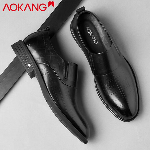 Aokang men's shoes autumn business formal shoes men's genuine leather soft sole Korean version versatile casual men's slip-on leather shoes black 1225211032N 39 (sports shoes 40 = leather shoes 39)