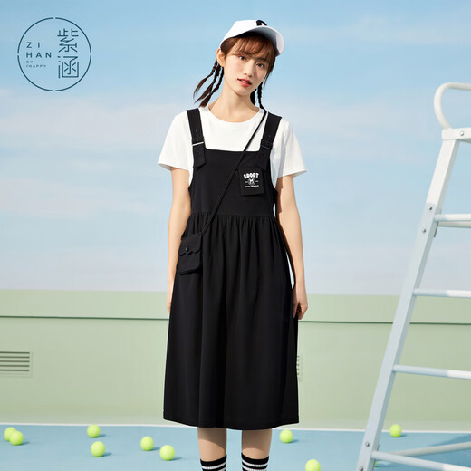 Zihan (ZIHAN) fashion suit short-sleeved round neck T-shirt suspender dress two-piece youth college black-1 M
