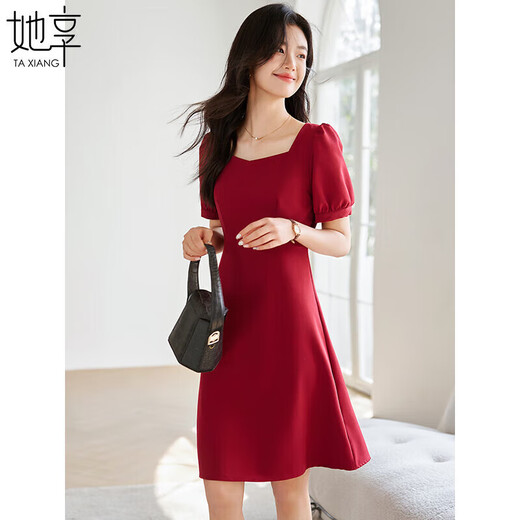她享短袖连衣裙女方领赫本风小个子高级感时尚红色礼服裙子T143Q1426
