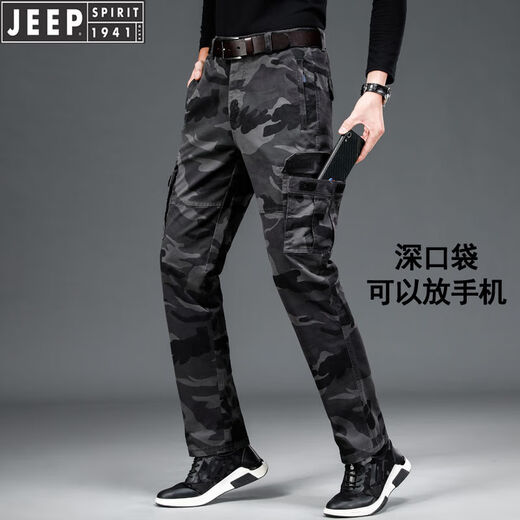 JEEP SPIRIT工装裤男宽松直筒休闲裤男子多口袋迷彩长裤纯l棉夏季薄款 军绿色厚l款9926 M