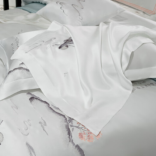 Sihuang Neues chinesisch gestickte Seide Vierteilige Set 100% Mulberry Seide 25 mm Million High-End Home Textile Seide Bettwäsche Set Pfirsichblüte fließend Wasser 3881 [Vorverkauf 5 ~ 7 Tage Sendung] 1,8-m-Bettblattstil [Quilt Cover 200x230]