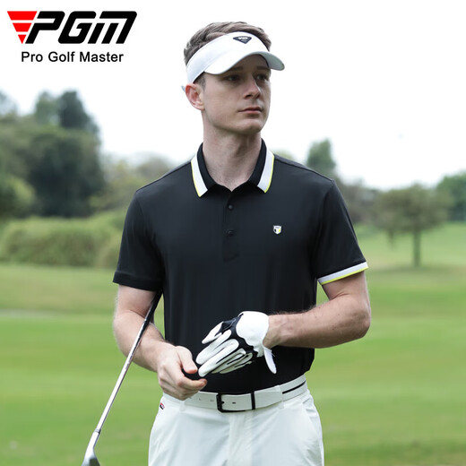 PGM Golf Clothing Manga corta para hombres Camiseta de verano Polos estiramiento Polo de color Bundillo Collar de costura para hombres YF684-Black [Top] XL