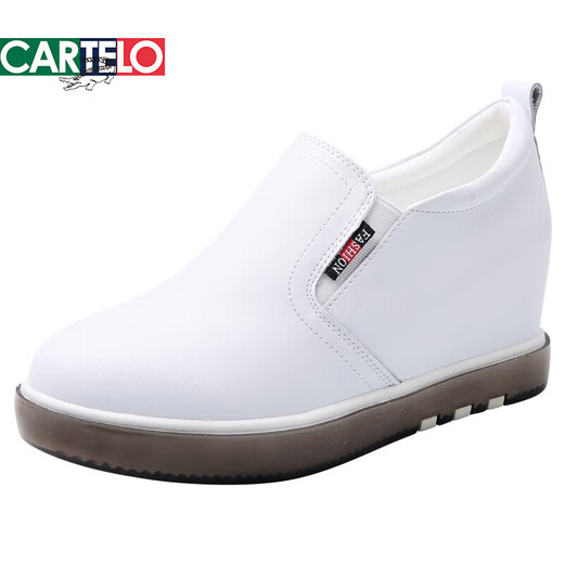 卡帝乐鳄鱼（CARTELO）小白鞋女真皮百搭2025新款潮休闲鞋内增高坡跟女士单鞋厚底女皮鞋 白色1299 全皮单鞋 37 脚胖脚宽大一码