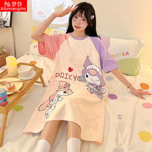 Xianmengsha's new summer pure cotton mid-length nightgown for women's short-sleeved round neck sweet cute cartoon pajamas girl's home clothes 723-Yugui Dog M