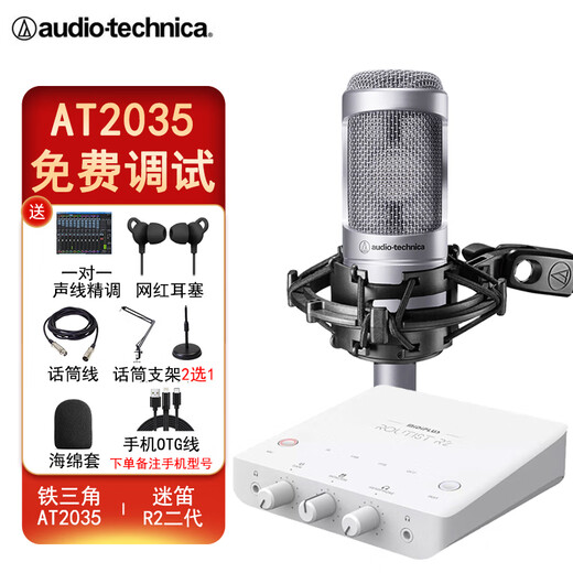 Audio-Technica AT2035 condenser microphone recording studio equipment set professional recording audio novel recording anchor live broadcast complete set of computer karaoke external sound card mobile phone microphone AT2035 Silver + Midi R2 GEN II sound card package