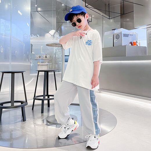 McTicco boys sports summer suit new summer thin short-sleeved children's day gift set medium-sized children's clothes 9767 black + 5725 gradient [set] 170cm