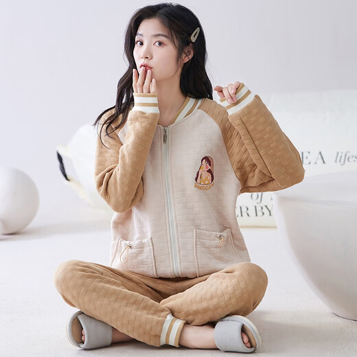 芊之雅（QIANZHIYA）睡衣女生秋冬季加厚纯棉夹层长袖家居服加棉空气棉保暖薄夹棉套装 MFT-15275# 女L/165
