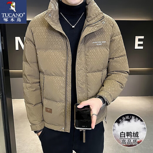 啄木鸟（TUCANO）羽绒服男短款冬季2025新款潮牌立领印花痞帅加厚男士冬装外套男装 咖啡色 L 建议 110-128斤