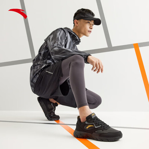 ANTA men's shoes leather surface water-repellent running shoes men's black lightweight non-slip casual shoes spring and autumn sports shoes travel shoes for men