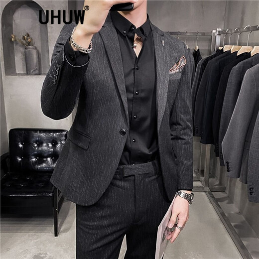 
UHUW suit men's striped men's slim Korean style casual small suit business formal wear groom wedding dress dark gray suit + trousers + vest) shirt + tie 3XL