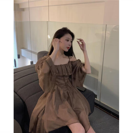 UXZP new European and American style women's clothing waist slimming high fashion suit spring and summer 2022 new style pure lust style coffee color light hot girl trumpet sleeves one shoulder high coffee color L