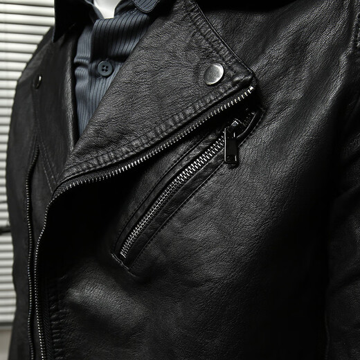 rowswell国潮伦复古斜拉链翻领皮夹克男 多口袋修身茄克个性帅气青年PU皮衣 黑色 2XL