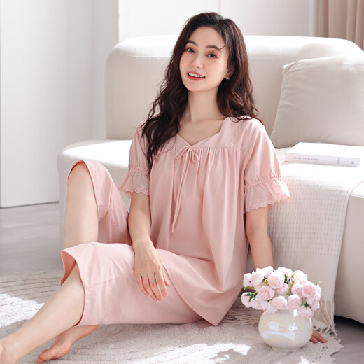 莫代尔睡衣女士夏季纯棉短袖七分裤家居服新款薄款带胸垫两件套装 Z695嫩绿(带胸垫) M 建议80-105斤