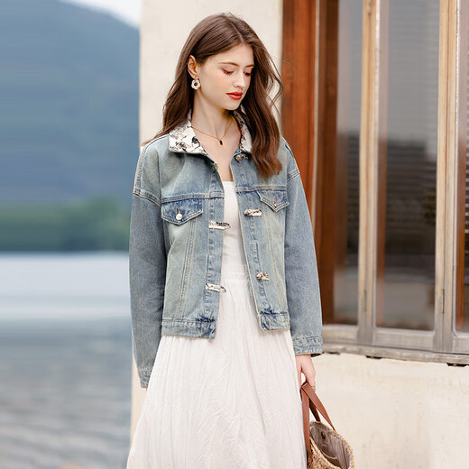 She Pool Denim Jacket 2025 Autumn New Women's Clothing Nuevo chino Estilo chino El lavado de hebilla de la solapa empalmada