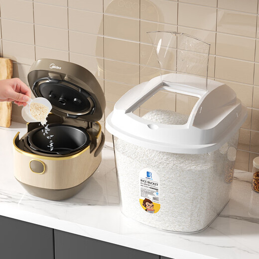 Liangbao household rice bucket 50 Jin Jin equals 0.5 kg, thickened 30 Jin Jin equals 0.5 kg, moisture-proof and insect-proof sealed storage box 10 Jin Jin equals 0.5 kg, rice storage box rice tank flour, white blue lid - free rice scooping cup 10 Jin Jin equals 0.5 kg