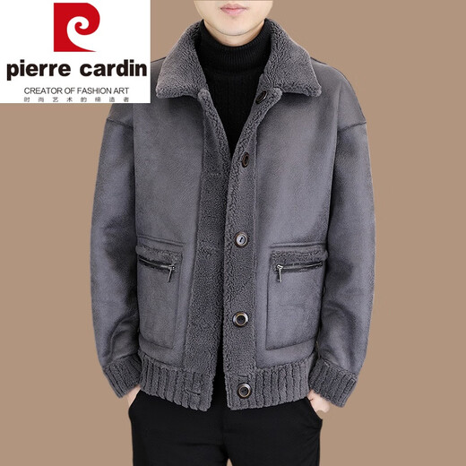 Pierre Cardin winter new grained sherpa men's jacket fur one-piece wool coat men's jacket can be worn on both sides lapel gray 2XL recommended (130-145Jin Jin equals 0.5 kg)